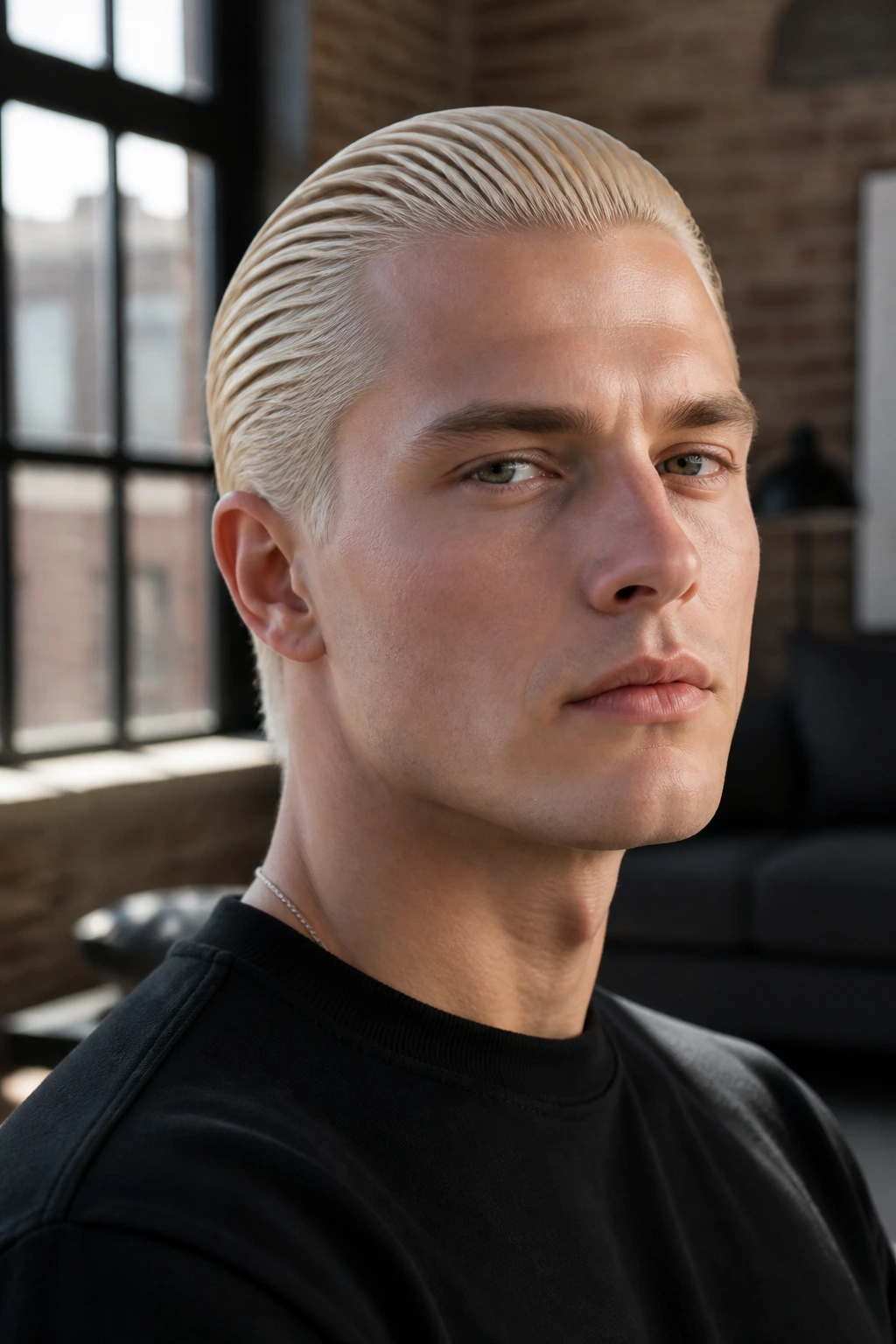 Close-up of a man with a bleached slick-back hairstyle in a modern interior