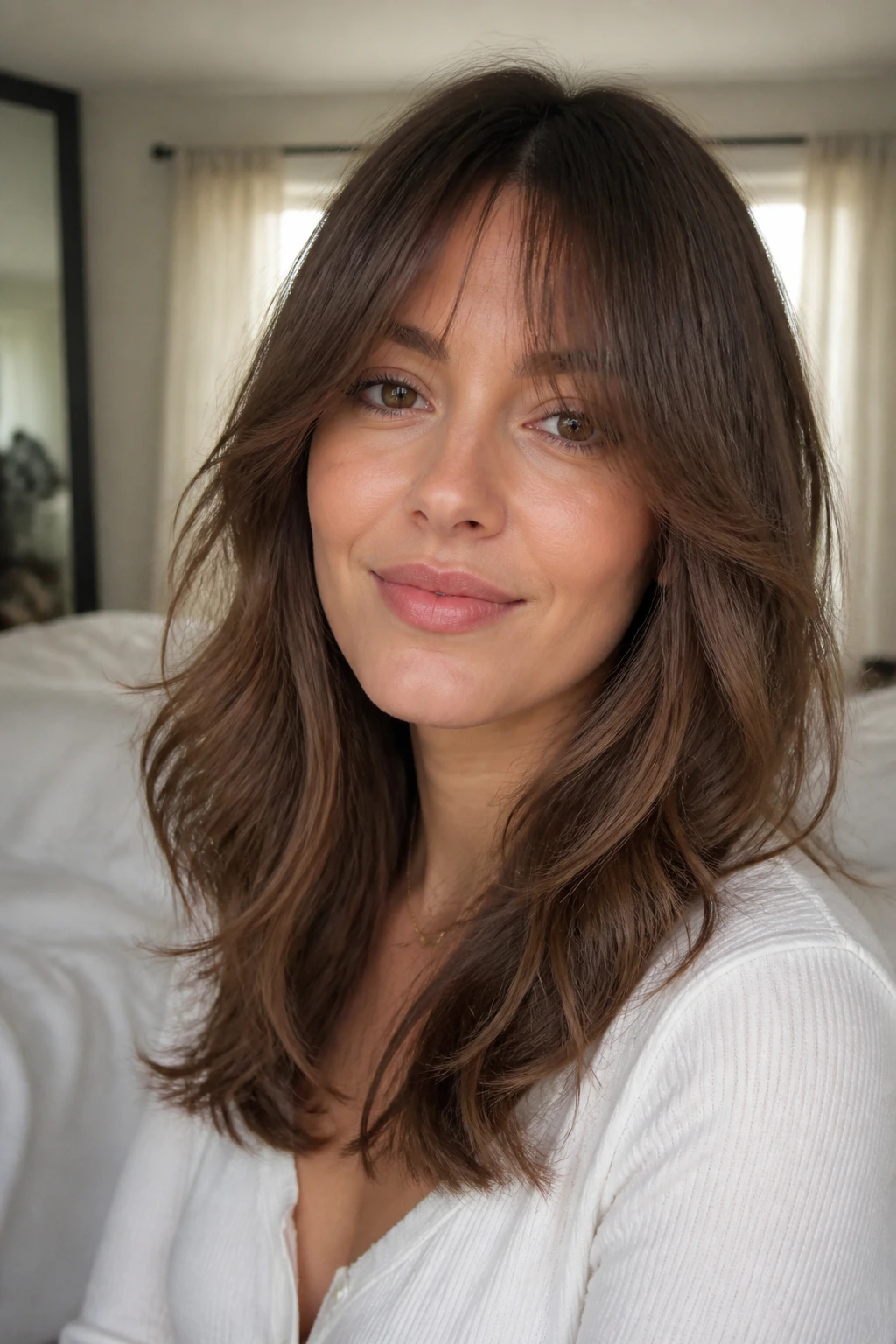 Close-up portrait of a real woman with blended bangs melting into face-framing layers.