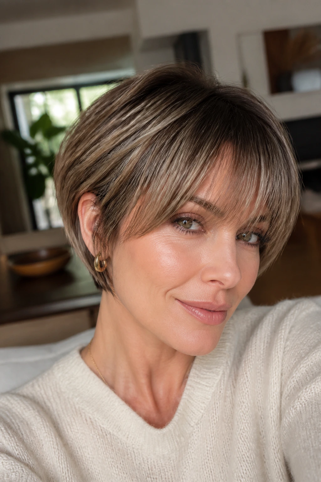 Close-up of a real woman with a blended bang pixie bob and soft fringe.