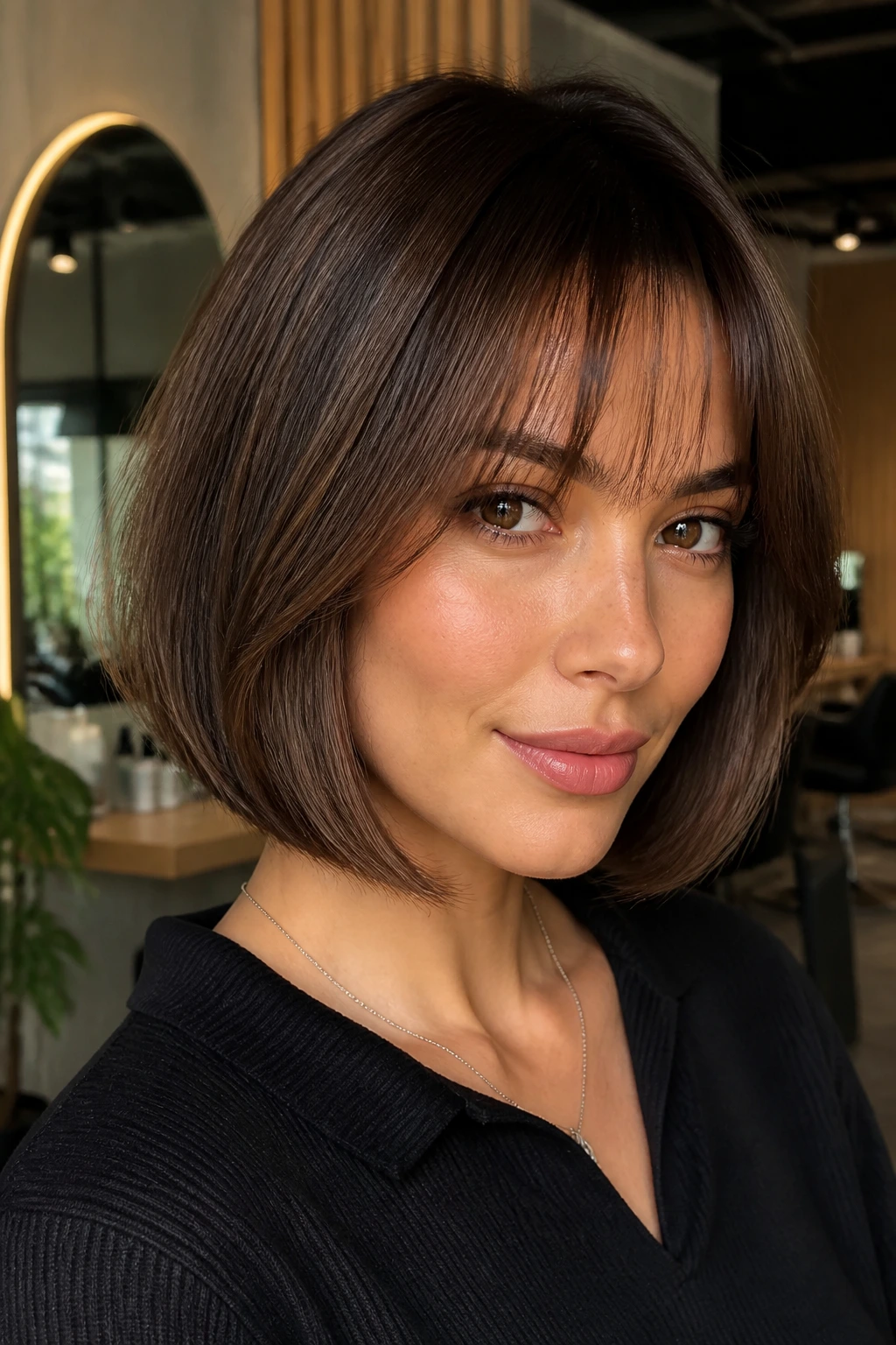 Portrait of a woman with blended bob fringe in a modern salon