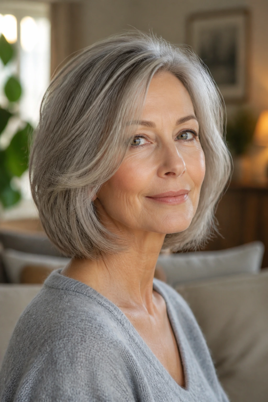 Close-up portrait of a real woman with a blended bob for gray hair in silver tones.