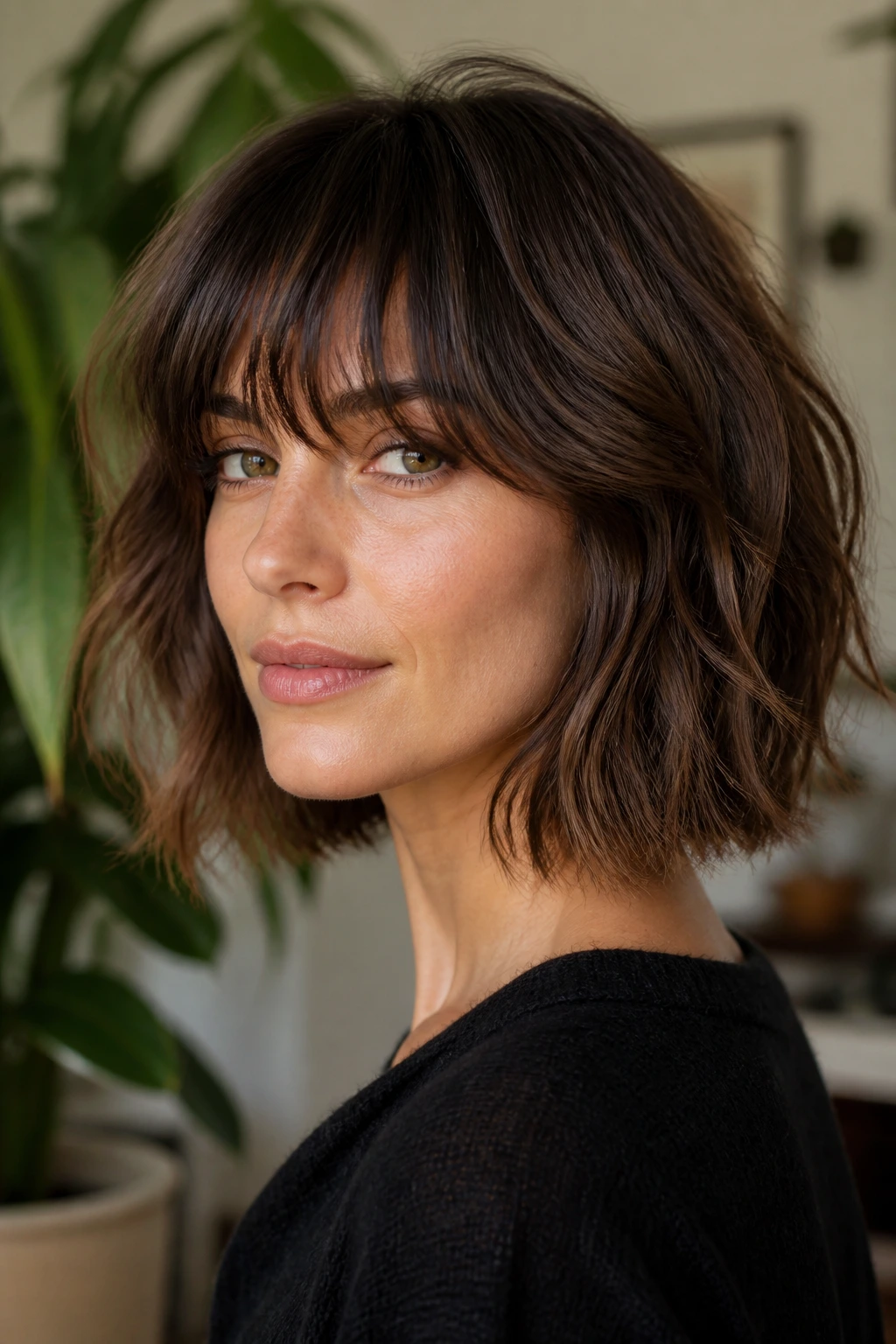 Portrait of a real woman with blended layered fringe bob.
