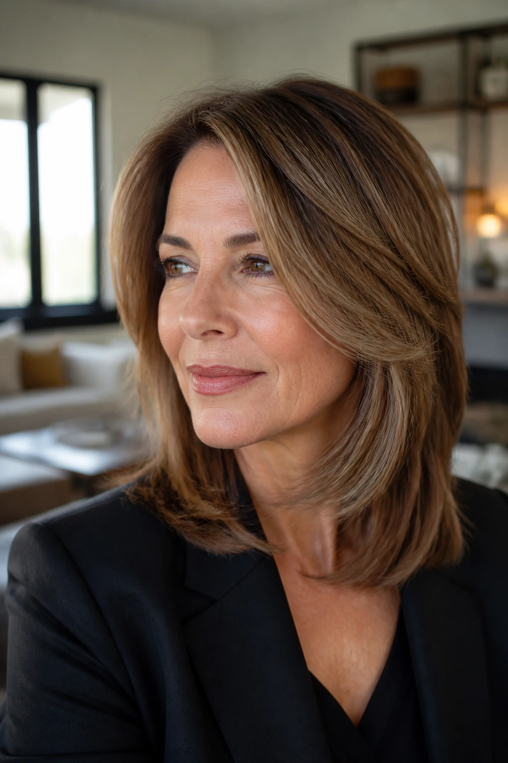Close-up of a woman with blended C-shape layers framing the face