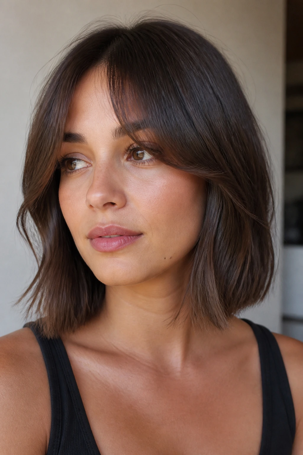Real woman with blended curtain bangs and blunt lob