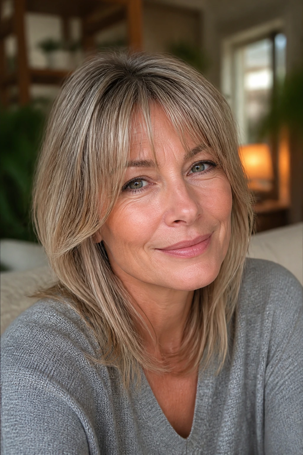Close-up of a real woman with a blended face-framing fringe in warm living room light