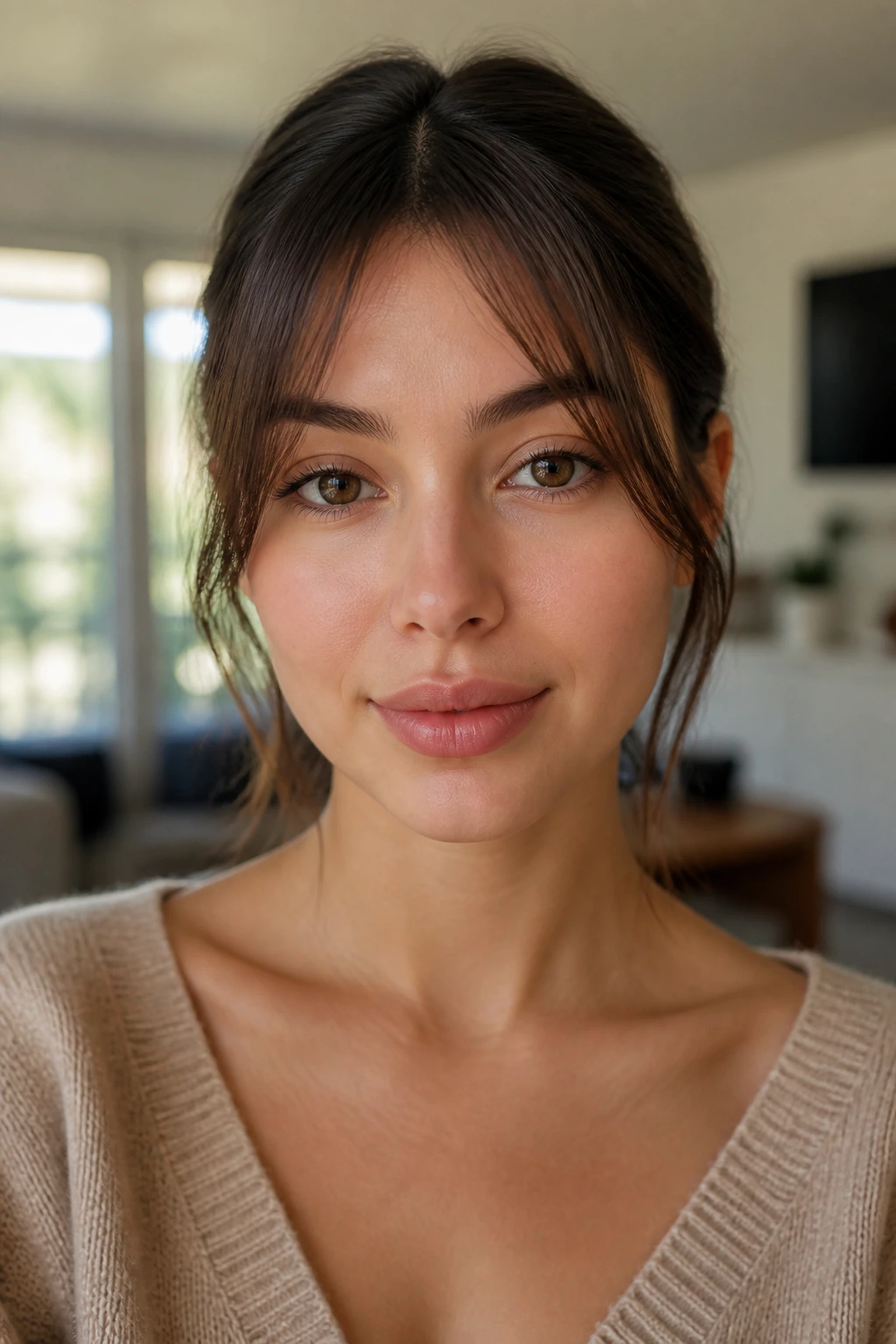 Close-up of a real woman with blended invisible bangs under soft window light
