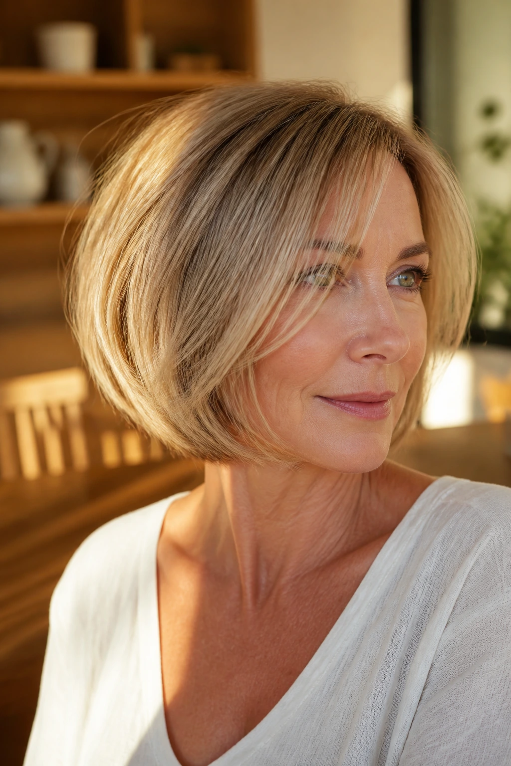 Close-up of a real person with a blended layer bob on thin hair, soft layers around the face