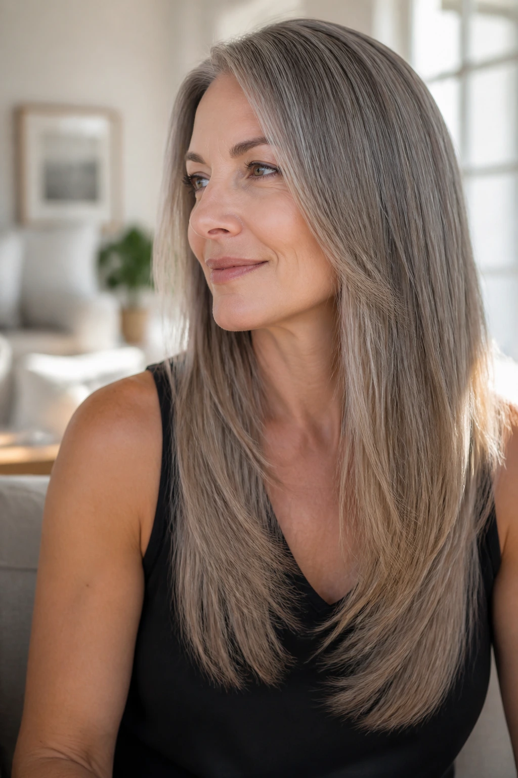 Close-up of a real woman with blended layers on dense straight hair