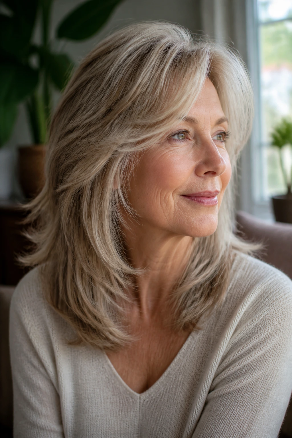 Real woman with blended layers for fine hair in a cozy home setting