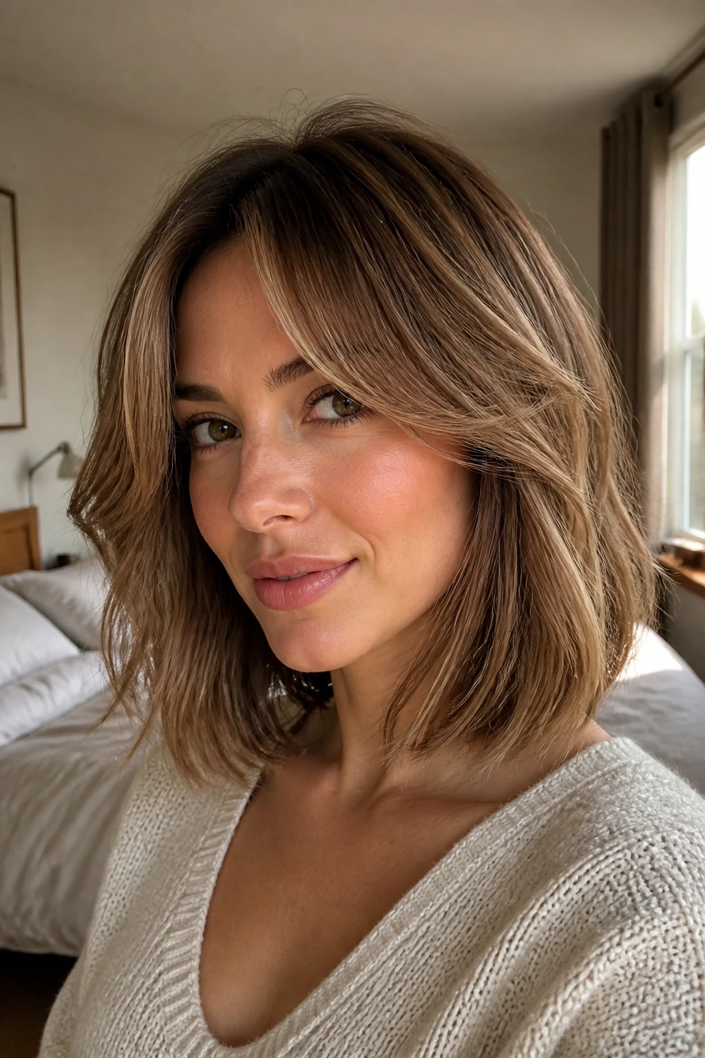 Close-up of real woman with blended lob and curtain bangs in cozy bedroom