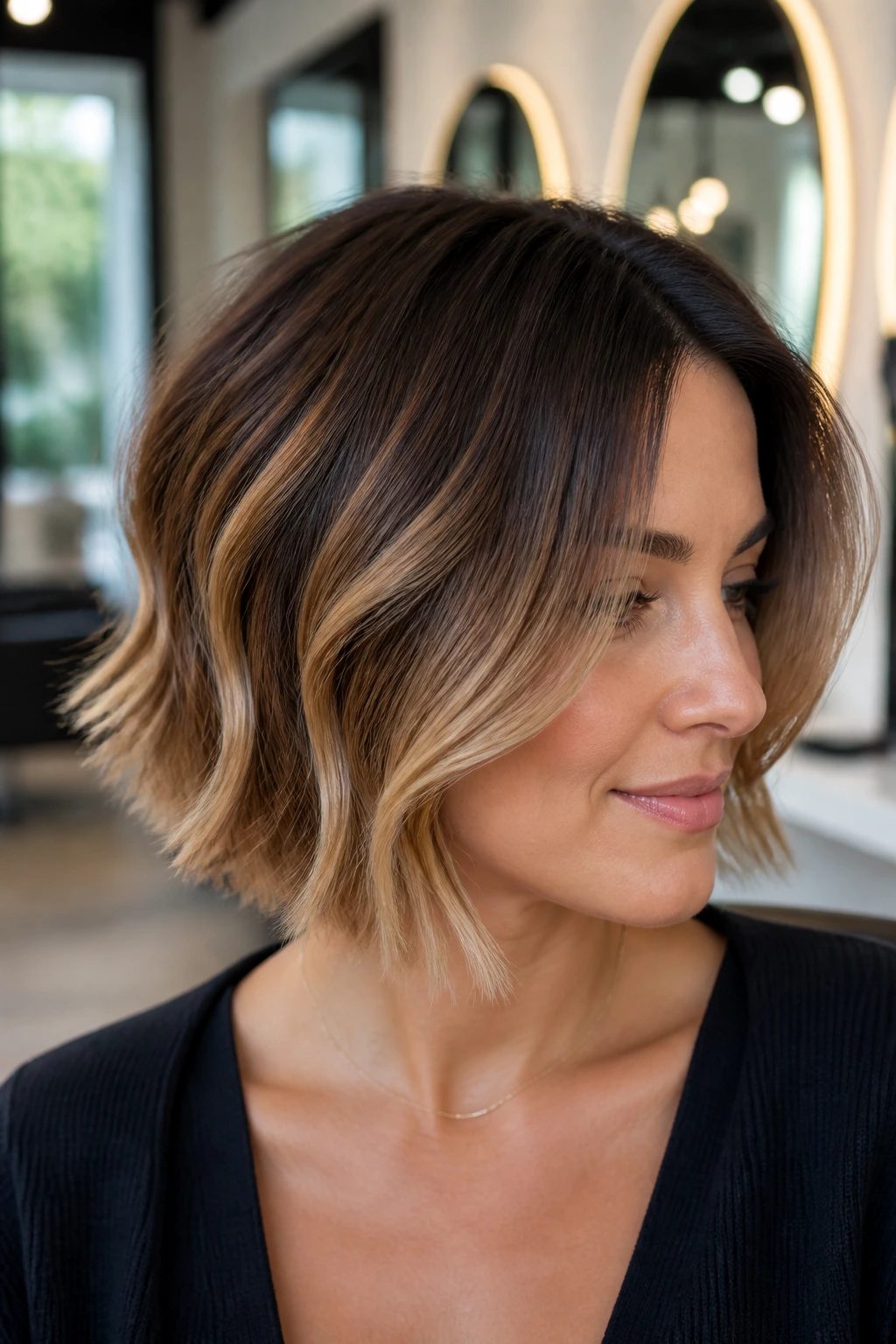 Real person with blended ombre shades on short hair