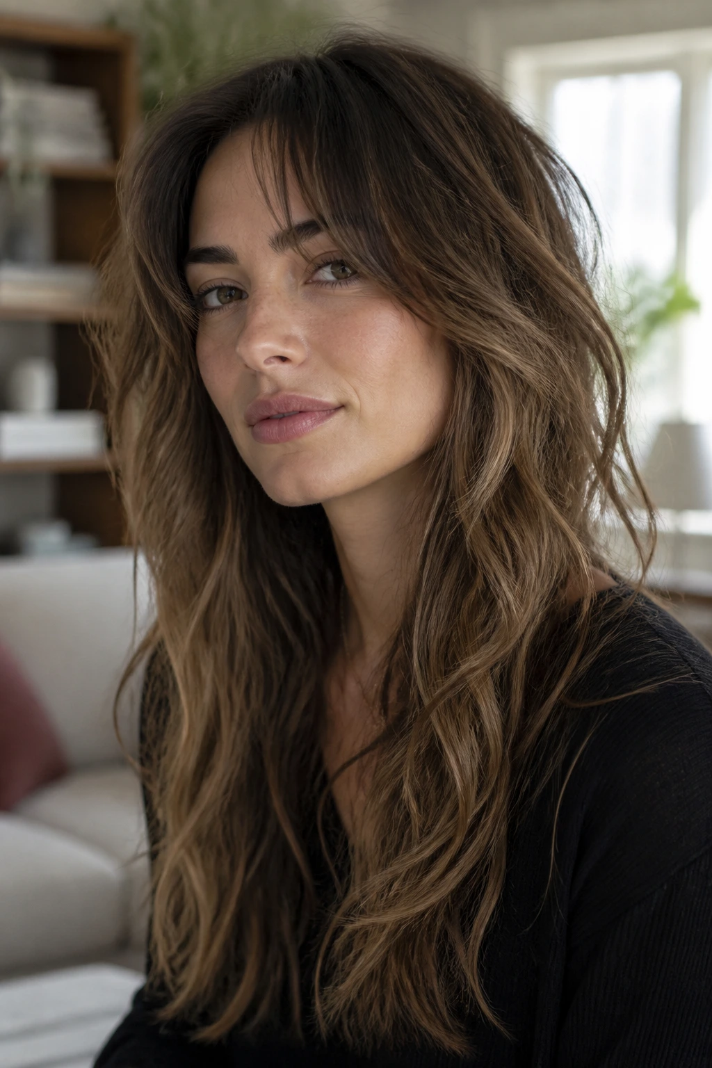 Close-up portrait of a real woman with blended long shag hairstyle