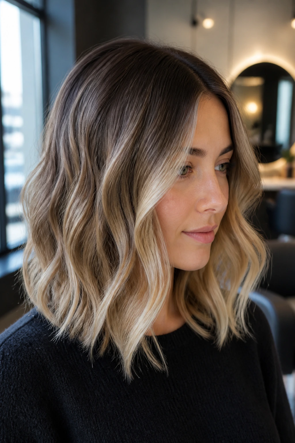 Close-up of a real woman showing natural blonde base color at roots blending into beige ends, hair dominates the frame.