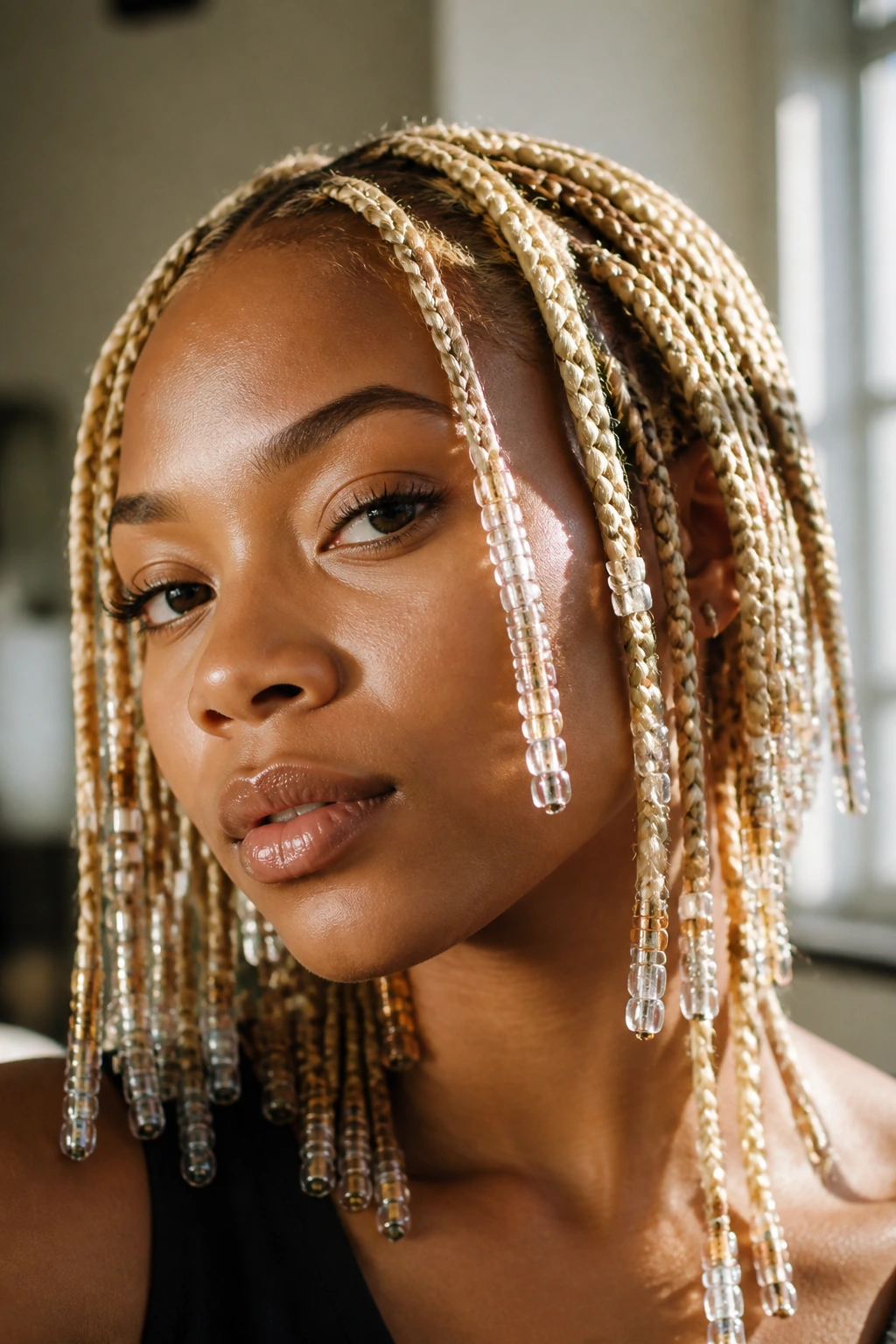Close-up of a blonde beaded hairstyle highlighting light-reflecting beads