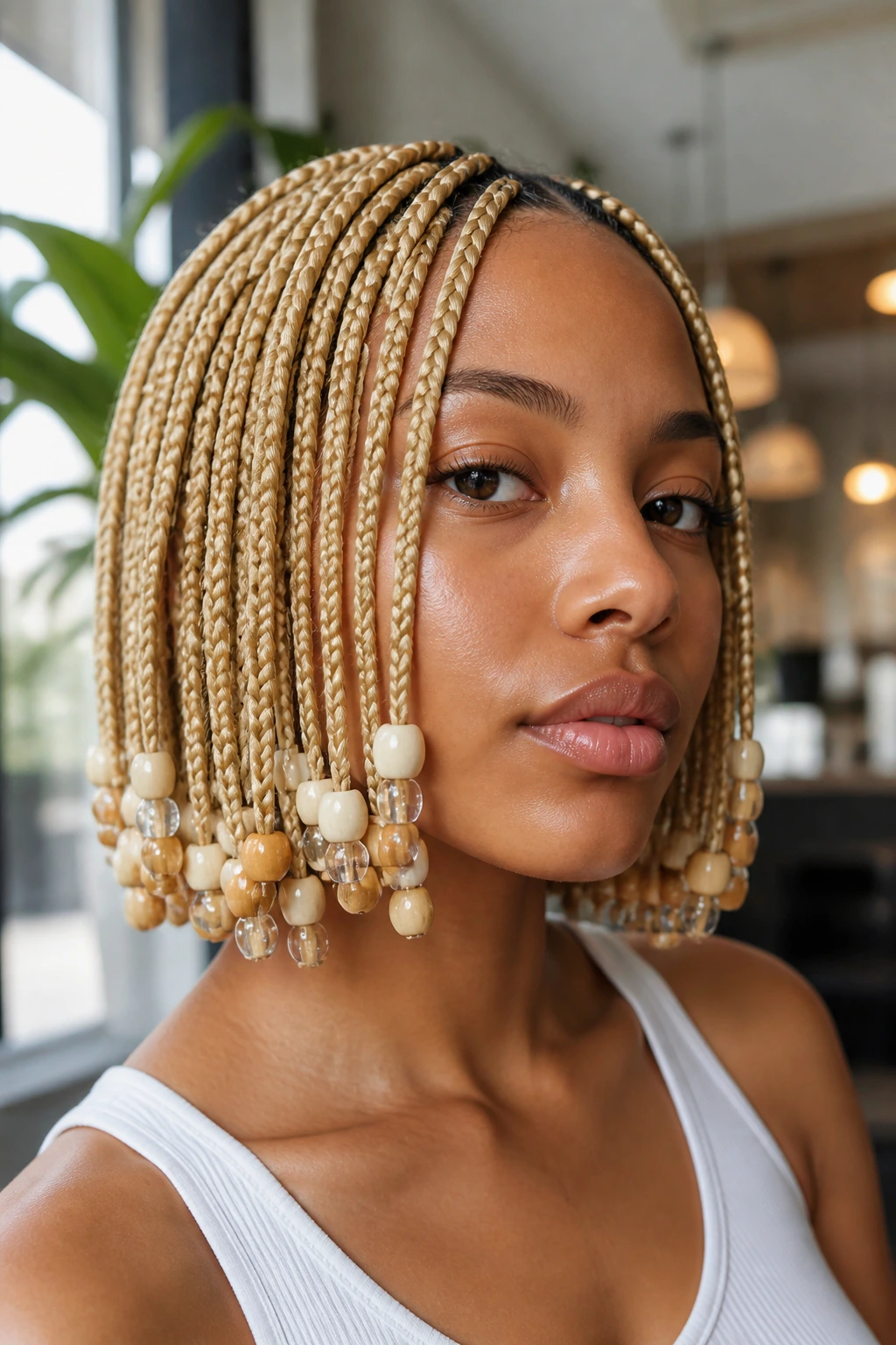 Close-up of a real woman with blonde bob box braids and layered beads along the tails