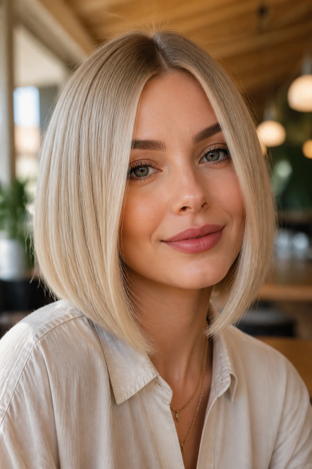 Close-up portrait of a woman with a center-parted beige-blonde bob in a cafe setting