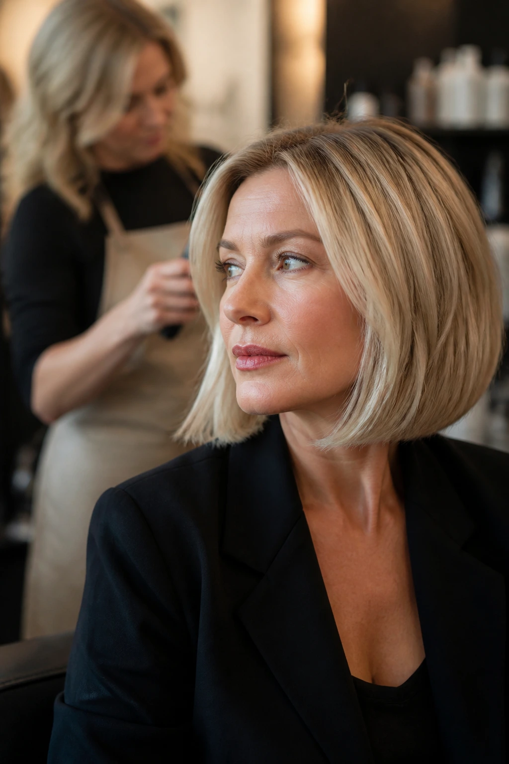 Portrait of a woman with a blonde bob in a salon chair, thoughtful during consultation