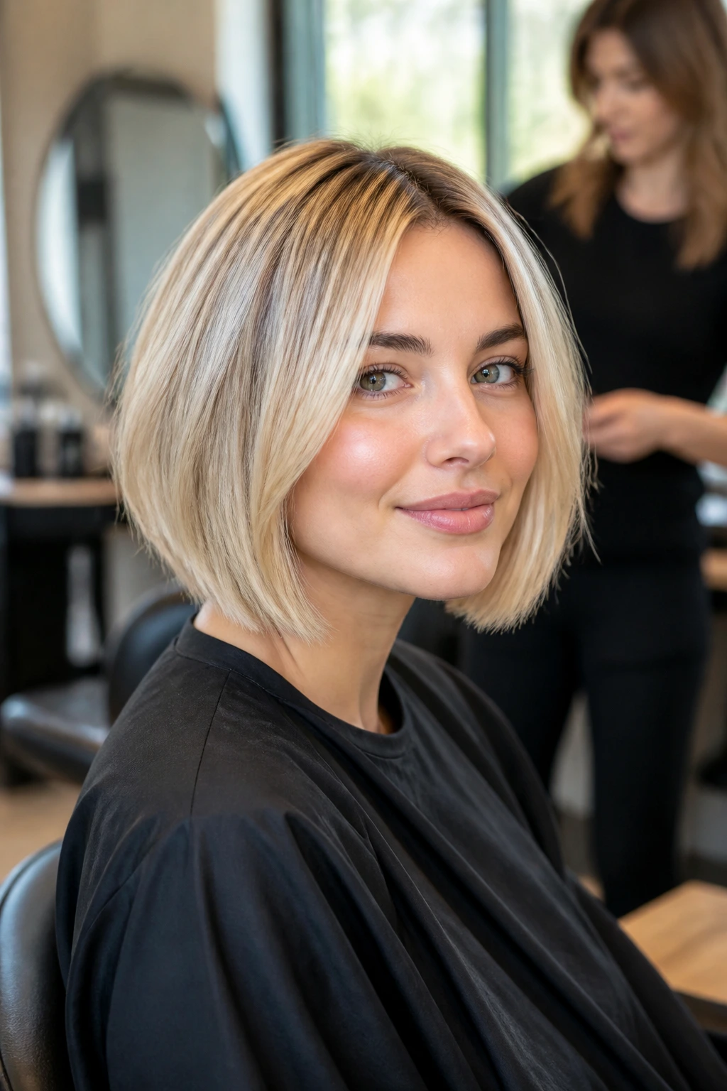 Real woman in salon chair during blonde bob consultation.