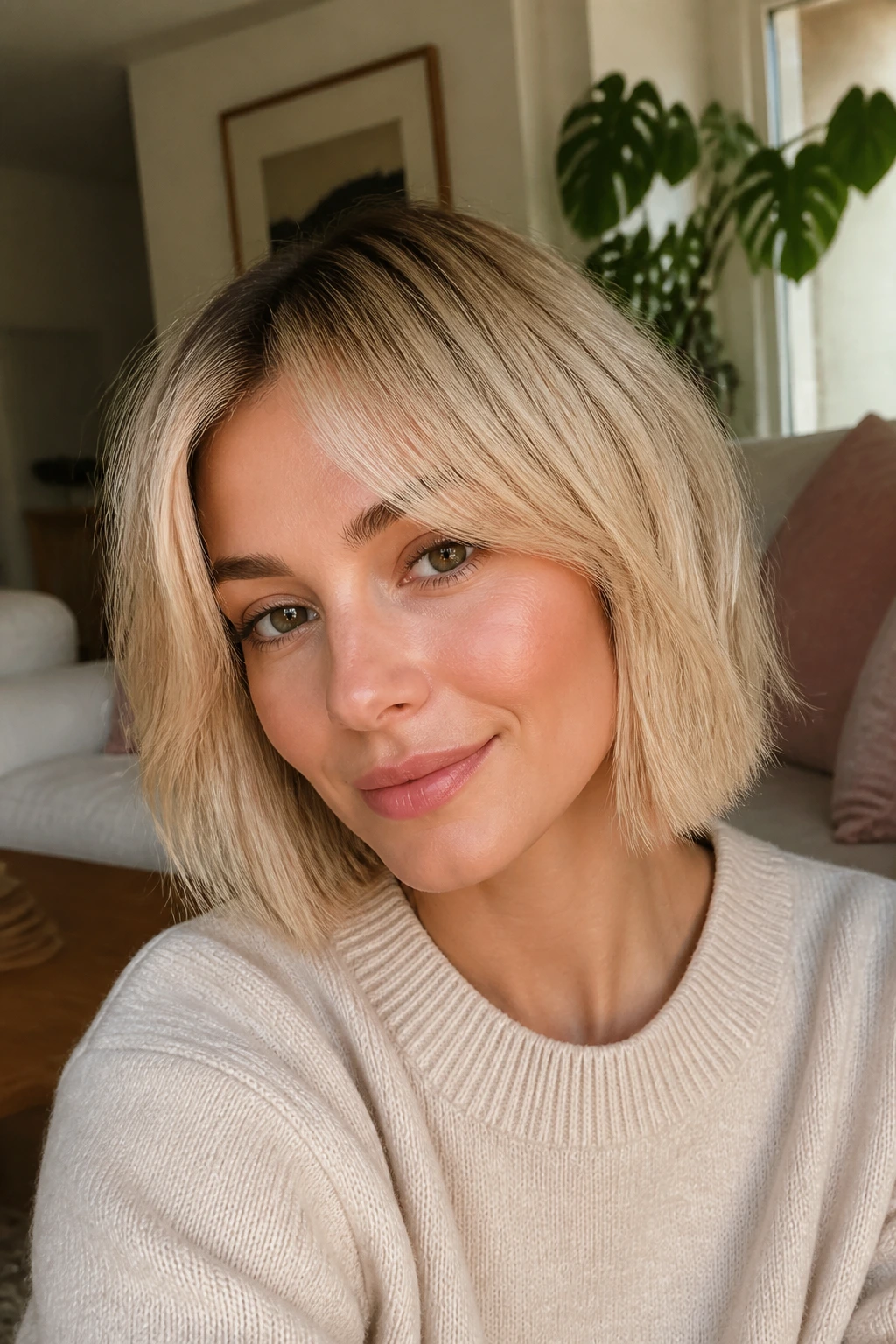 Close-up of a woman with a soft curtain fringe blonde bob in a cozy living room