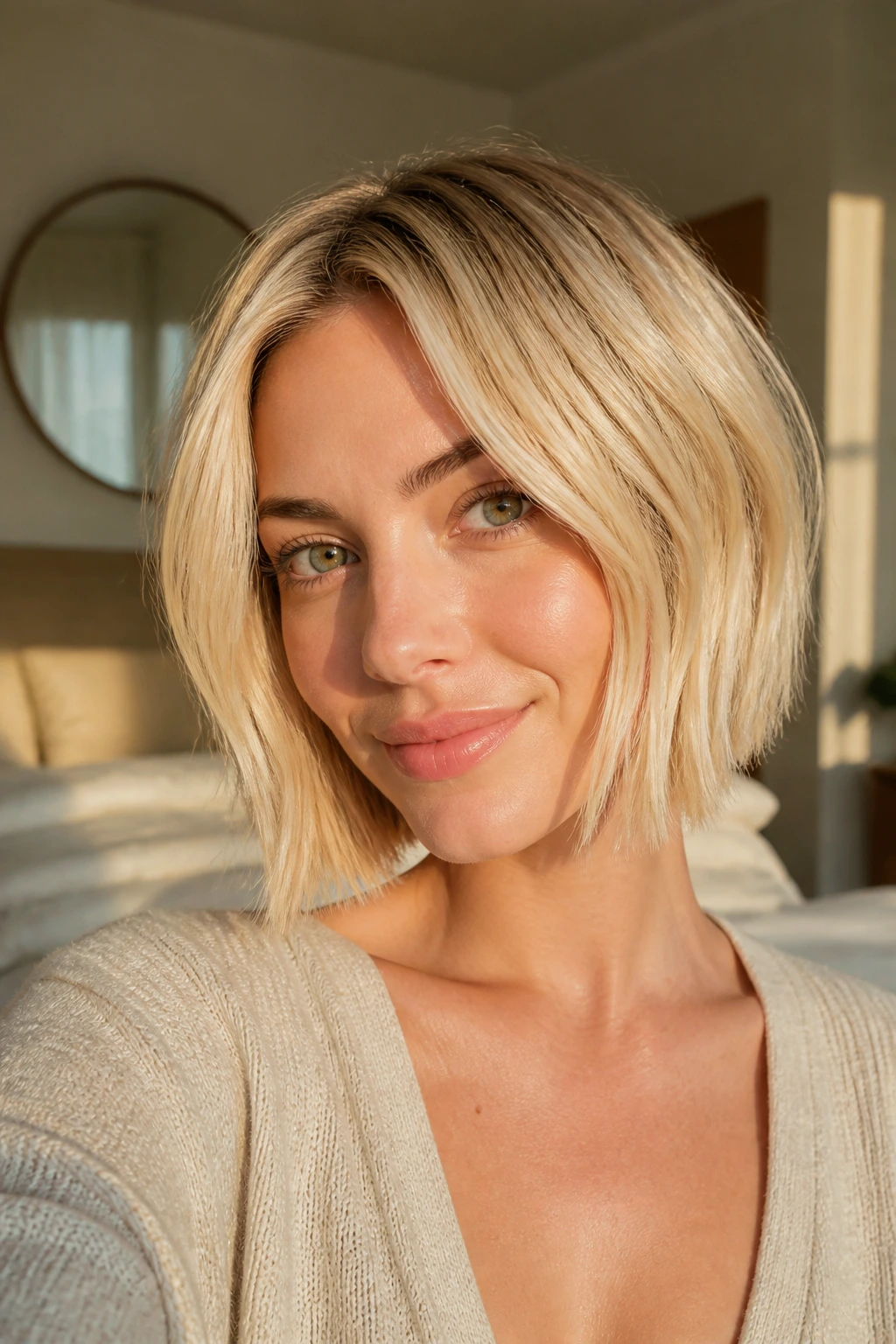 Close-up portrait of a woman with a sunlit blonde bob framing the face