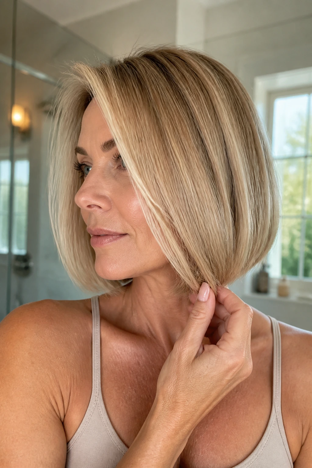 Close-up of a real woman with a glossy blonde bob in a warm bathroom setting