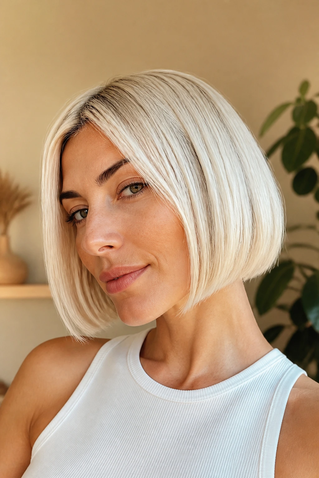 Close-up of a real woman with a glossy platinum-beige bob showing a clean edge