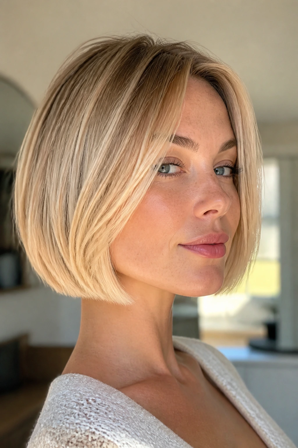 Close-up portrait of real person with blonde bob and brighter jaw line for lift