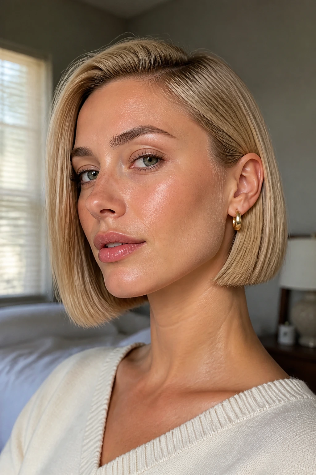 Close-up portrait of a real woman with a blunt beige-blonde bob tucked behind the ear