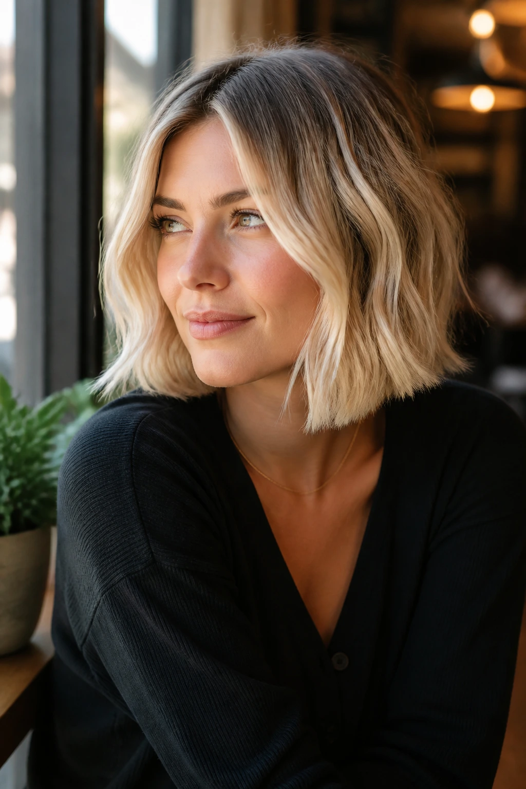 Real woman with blonde bob wearing in everyday setting