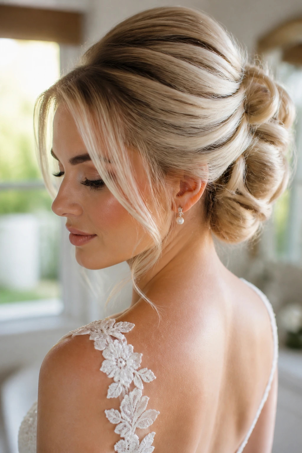 Close-up of a real bride with a structured, shiny blonde bridal updo.