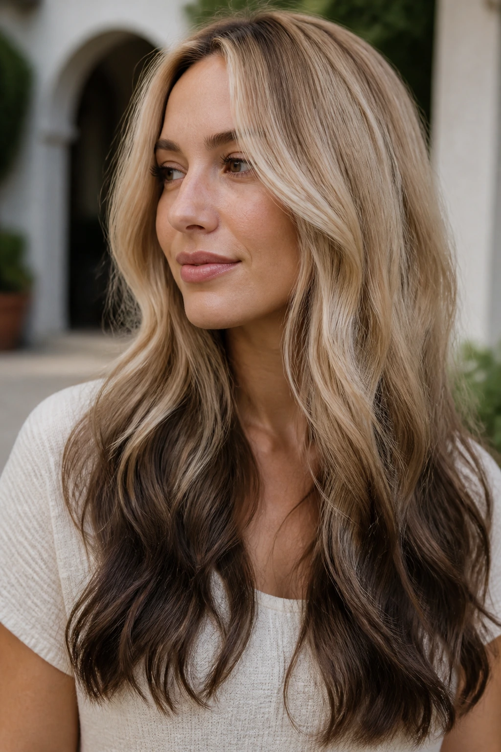 Close-up of a real woman with blonde-to-brunette ombre from top to ends