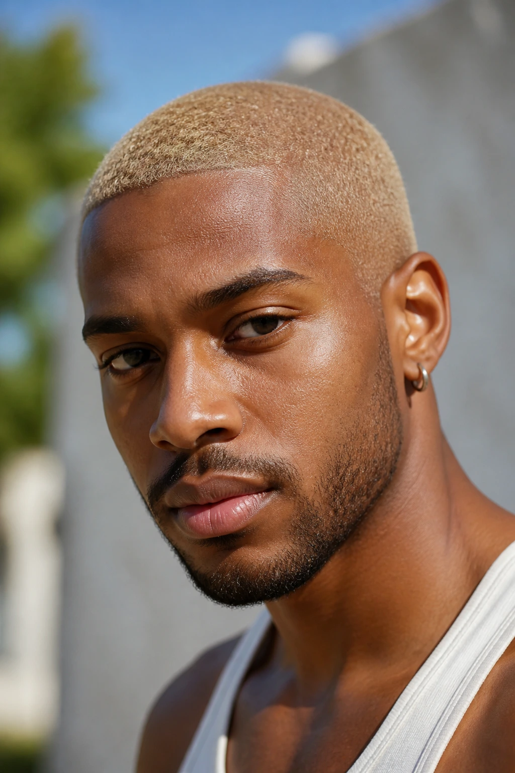 Close-up portrait of a real Black man with a blonde buzz cut under natural light.