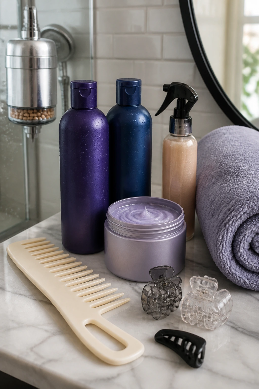 Close-up of unlabelled blonde care tools on a bathroom counter