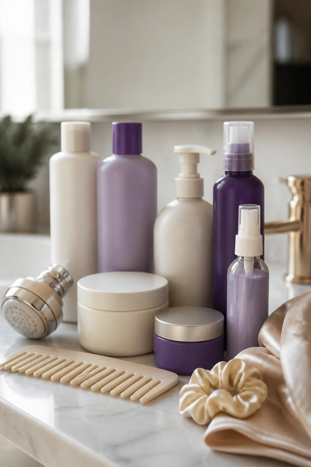 Close-up of unlabeled blonde hair care bottles and a comb on a bathroom counter