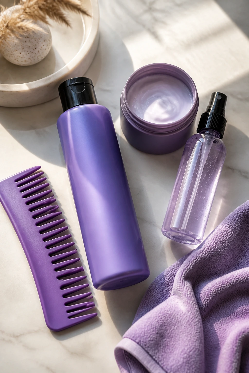 Flat lay of essential blonde care tools