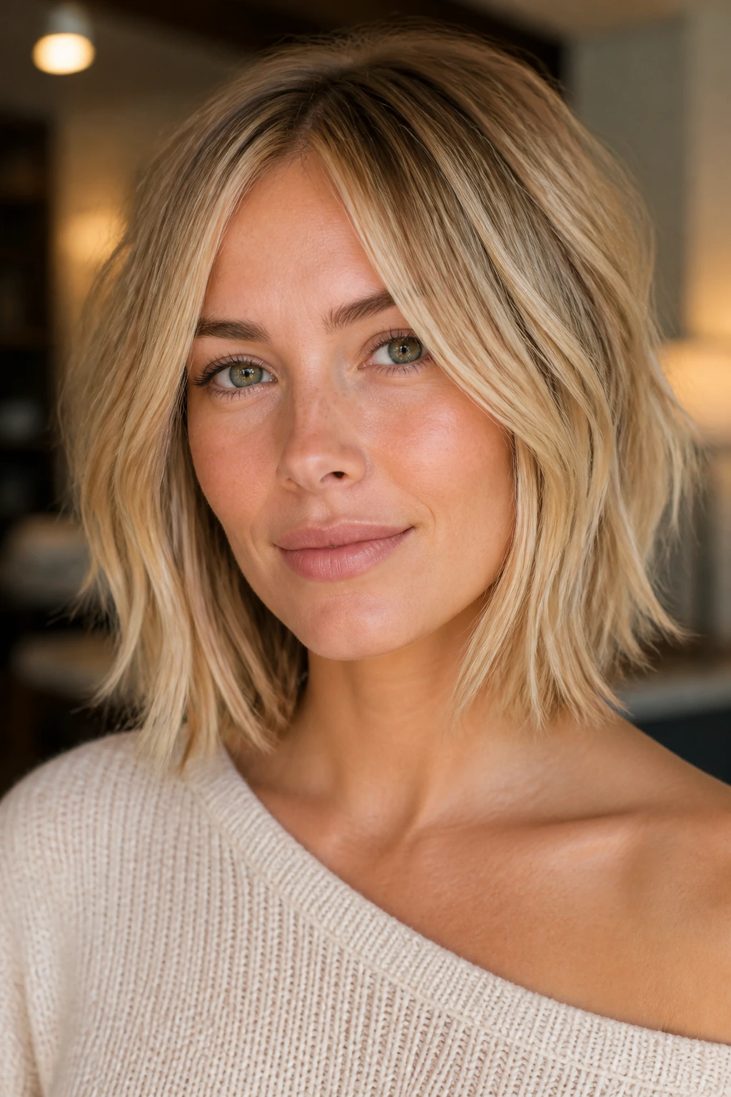 Portrait of a real woman with a blonde choppy lob and defined shape