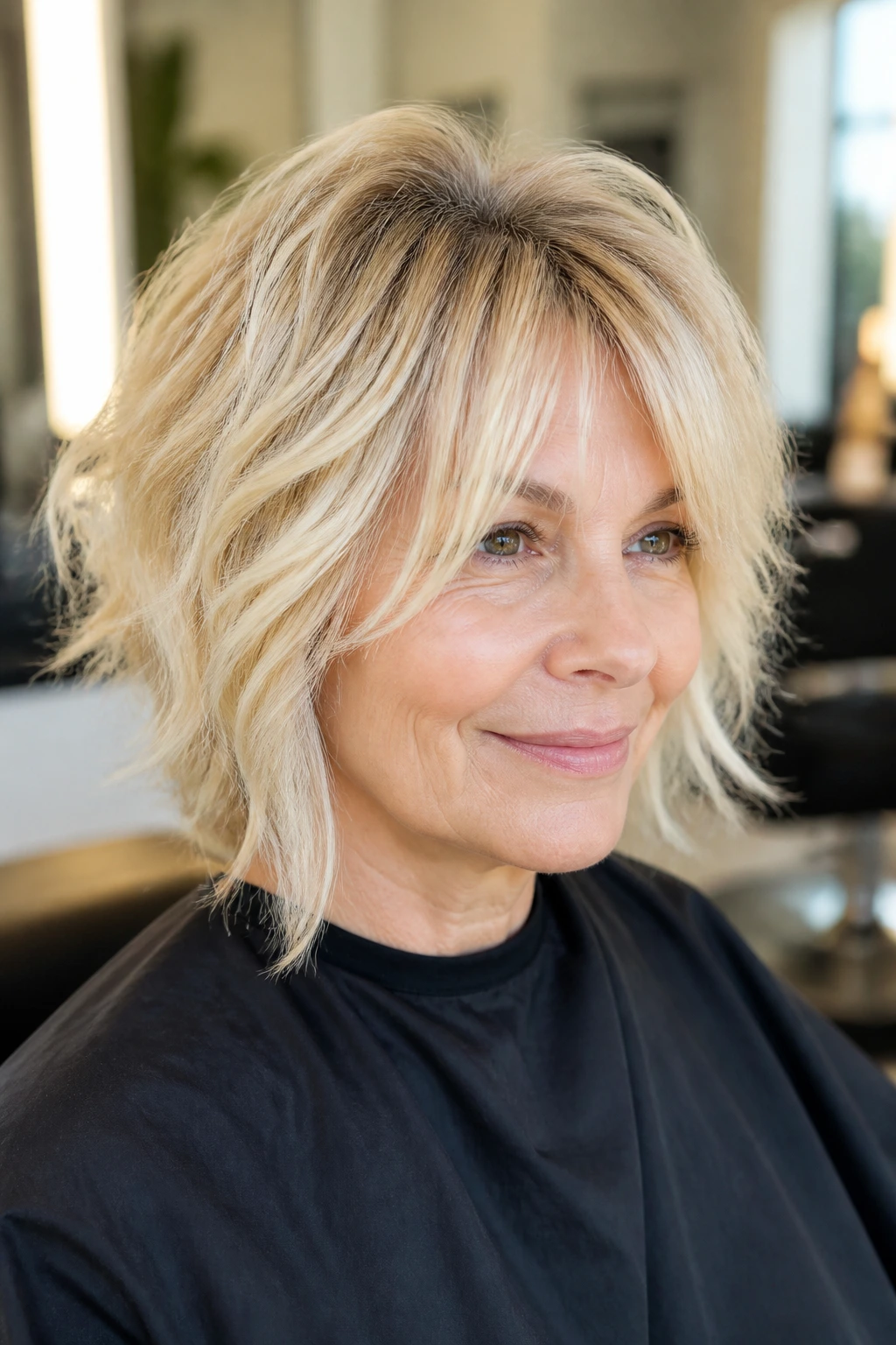 Close-up of a real woman with a blonde choppy haircut in a sunlit salon