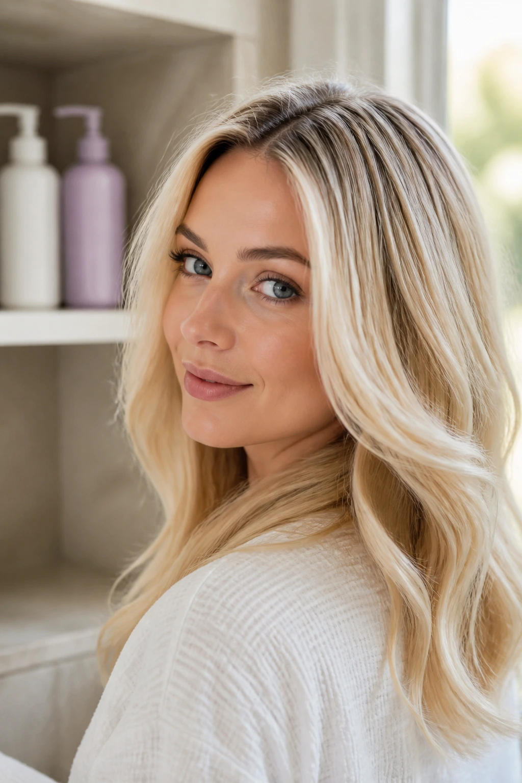 Portrait of a woman with vibrant blonde hair in a bathroom setting