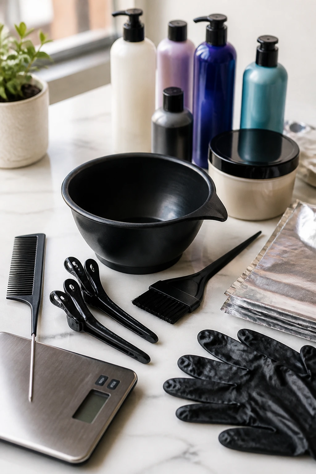 Close-up of essential blonde color tools neatly arranged