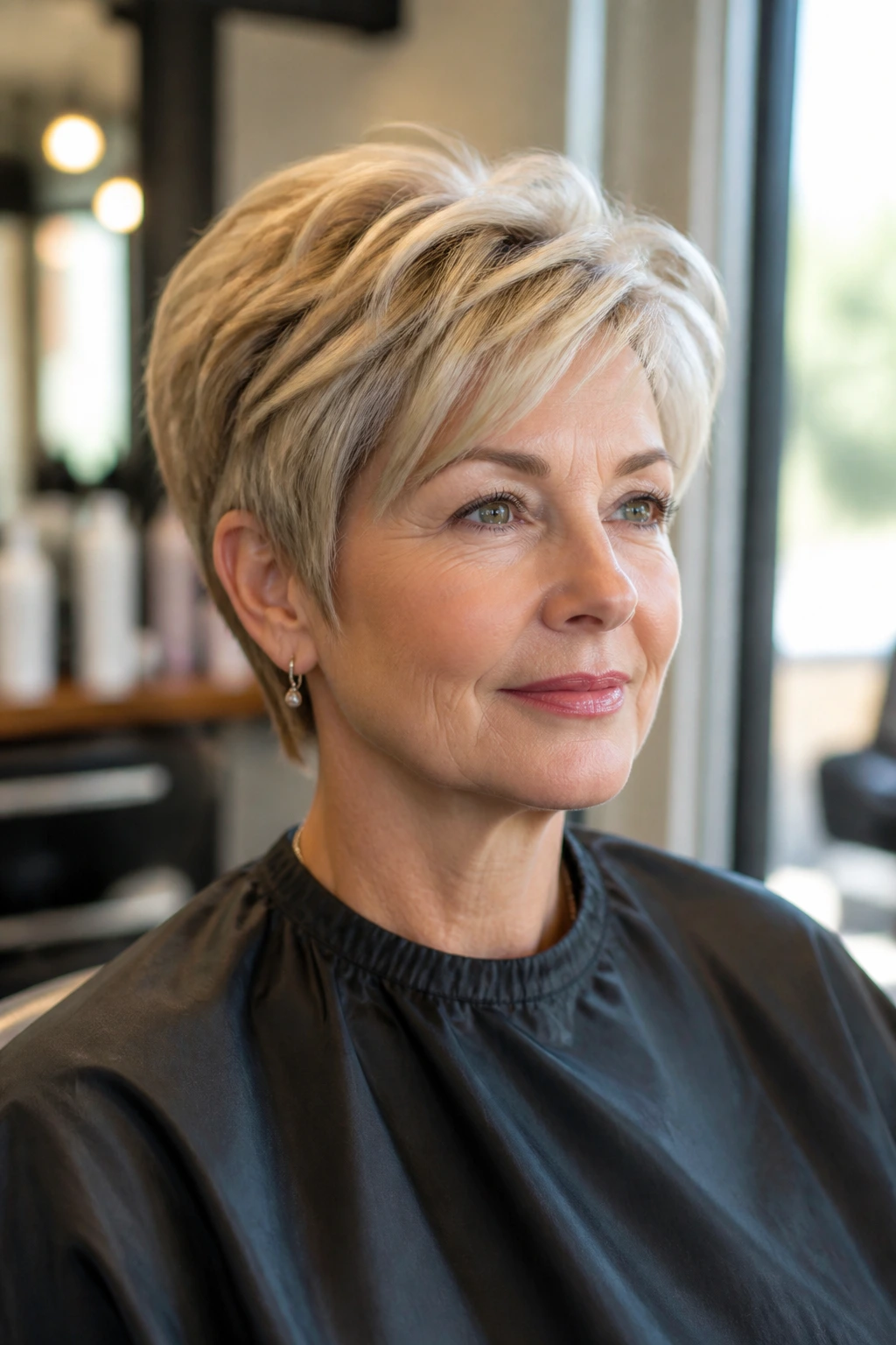 Portrait of a woman with short blonde hair in a salon chair.