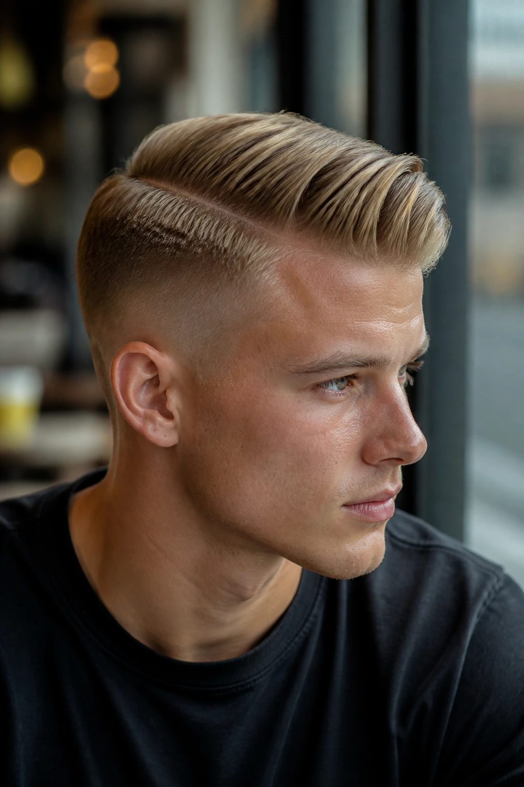 Close-up of a real man with a comb-over fade at a cafe window