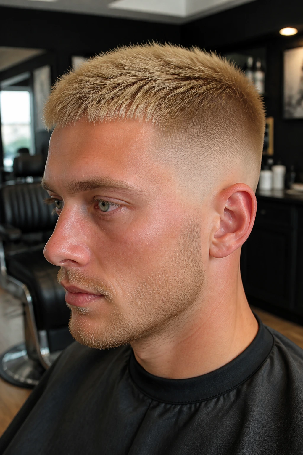 Close-up of a real man with a blonde crew cut and mid skin fade in a barber shop