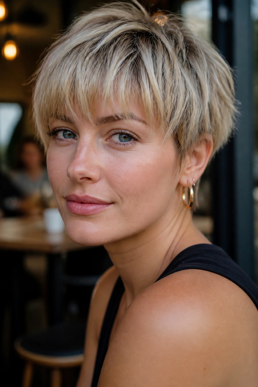 Close-up of a real woman with grown-out blonde crop and choppy fringe