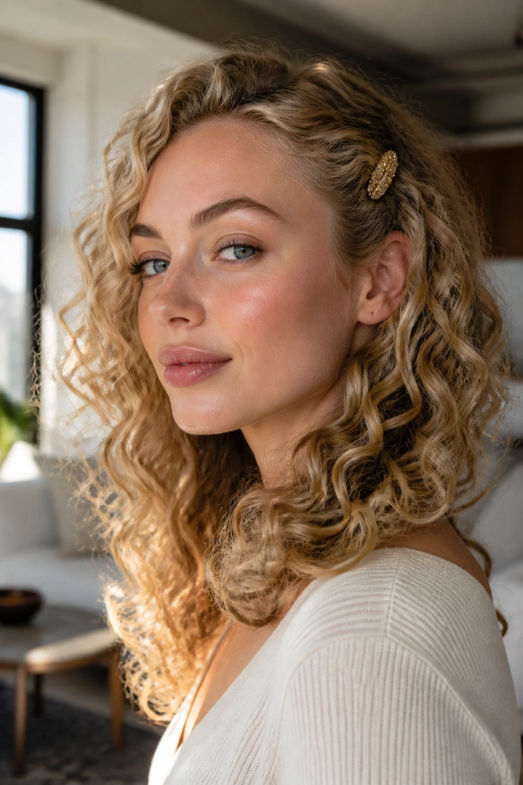Close-up of a real woman with blonde curls and a subtle side clip at the temple.