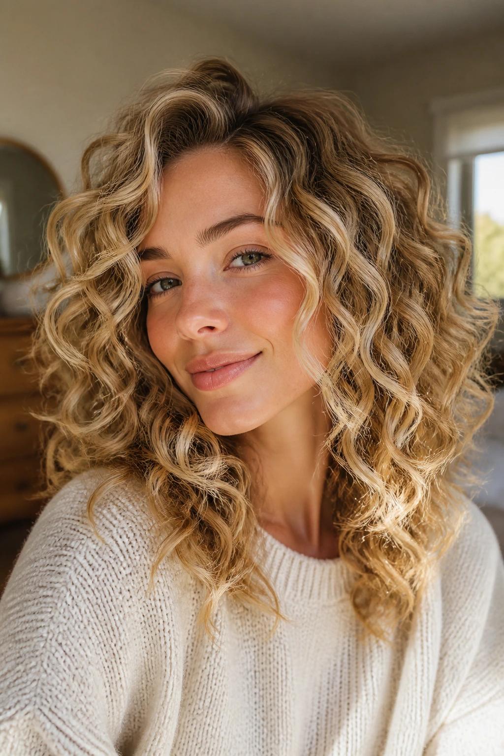 Close-up portrait of a real woman with curly blonde hair and dimensional highlights