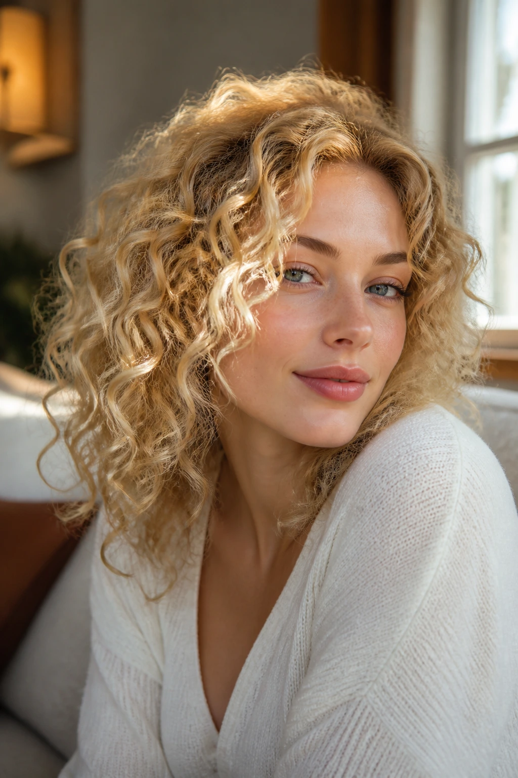 Close-up portrait of a real person with fresh blonde curls in warm window light