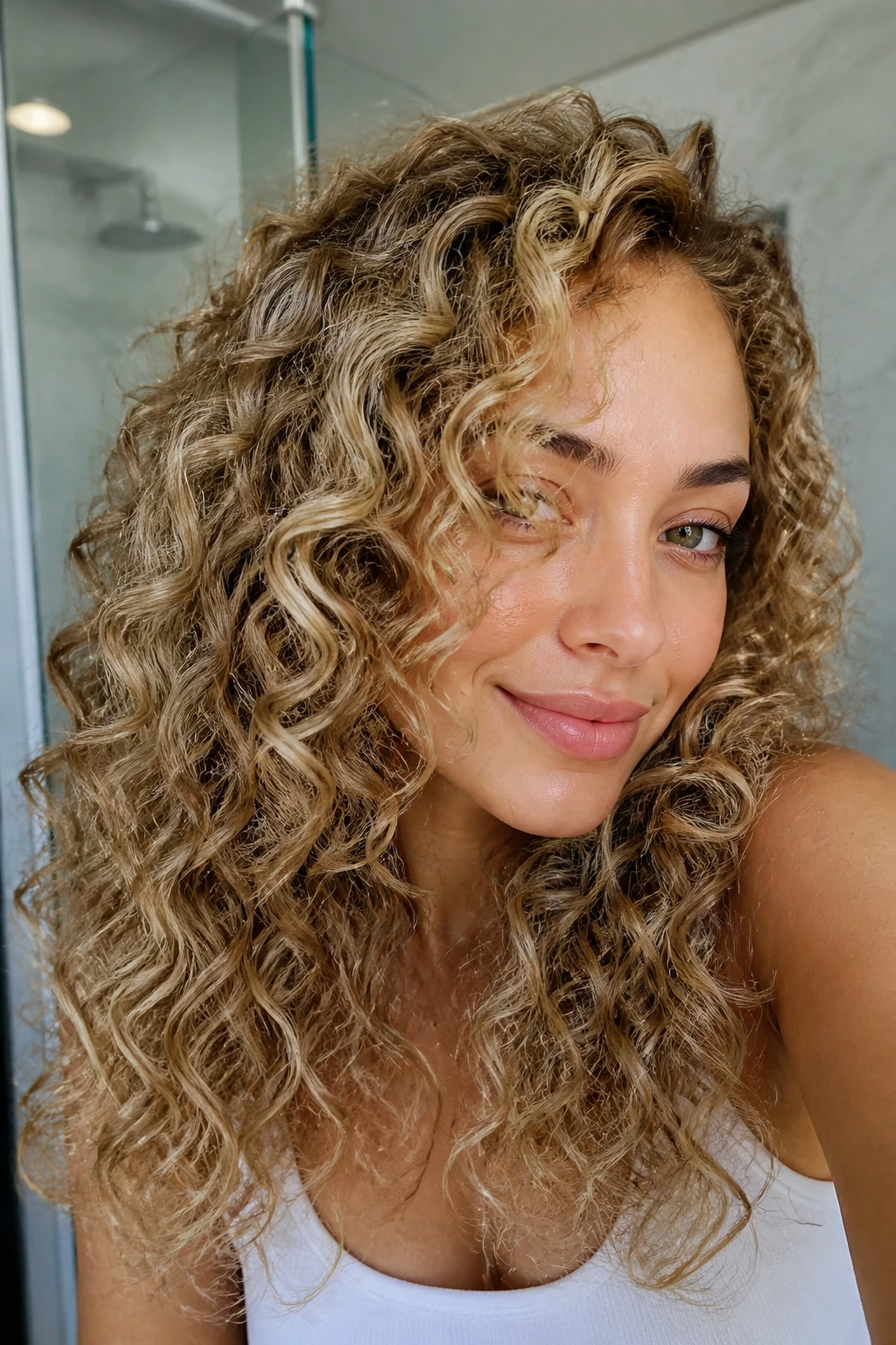 Close-up of a real woman with curly blonde hair showing glossy color in a bathroom setting.