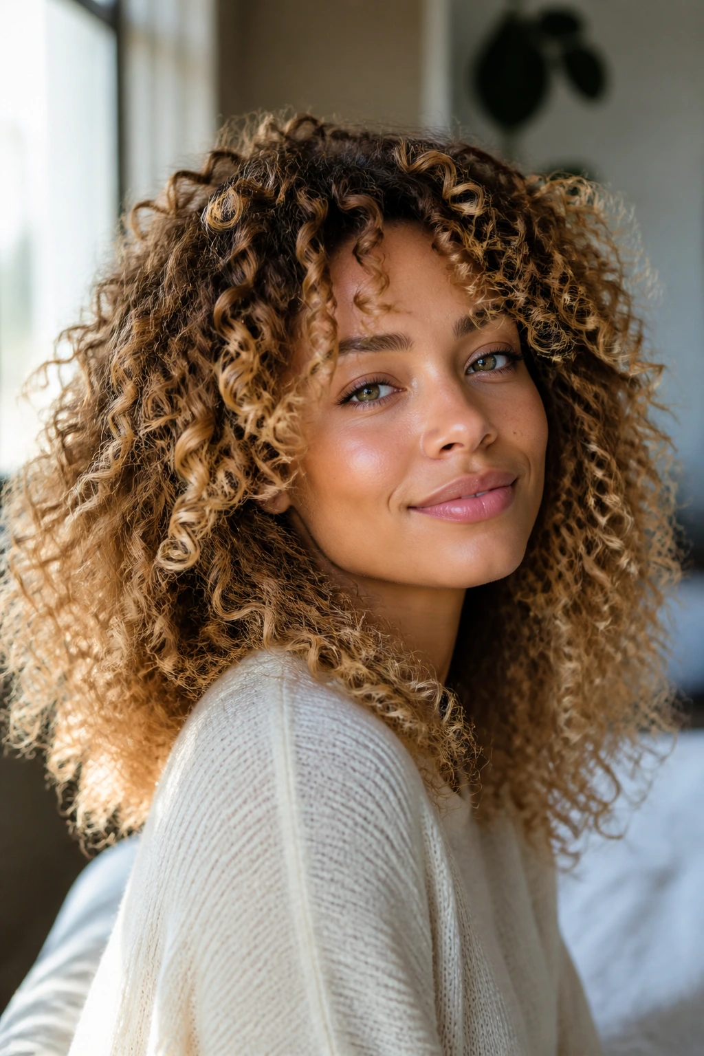 Close-up portrait of a real woman with curly hair in warm honey-blonde tones.