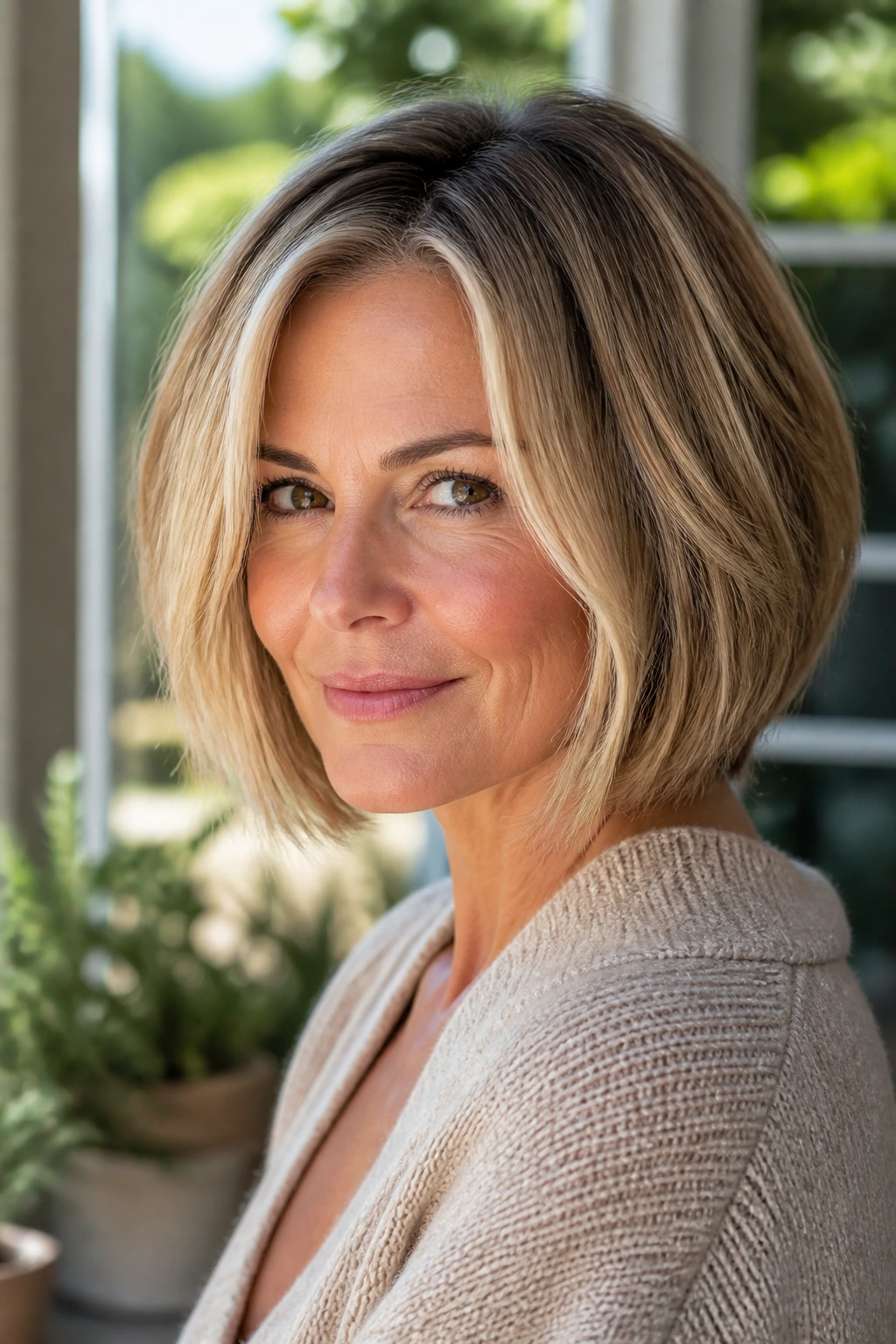 Close-up of a real woman with blonde dimension in a bob hair color
