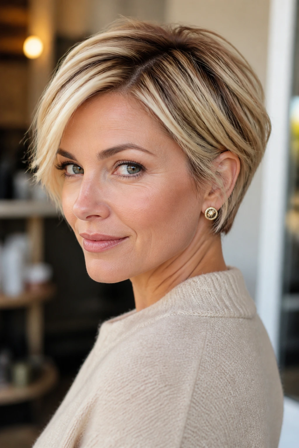 Close-up of short blonde hair with dimension and root shadow on a real woman.